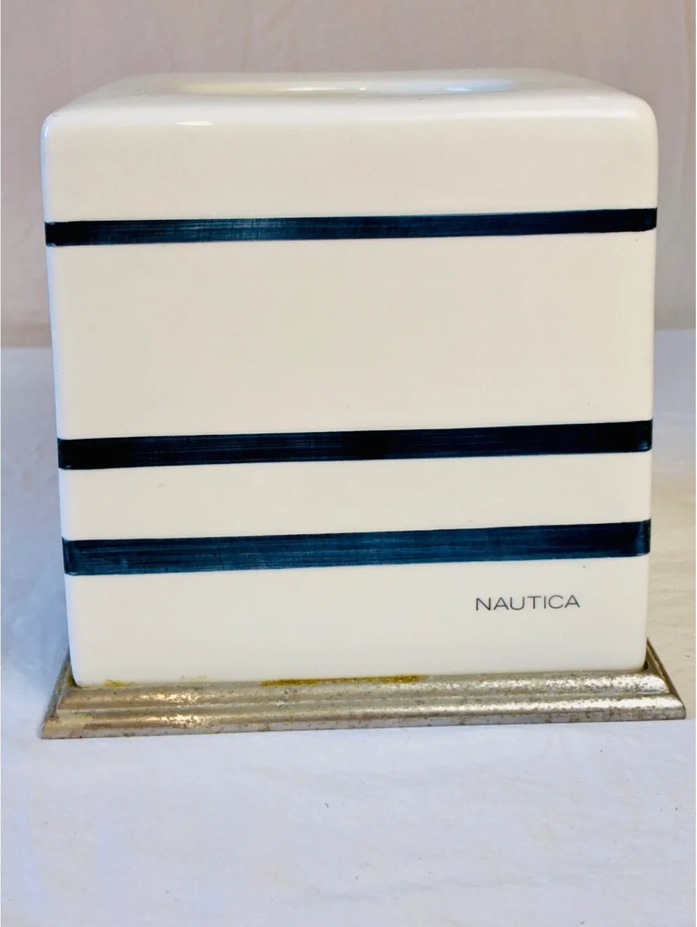 Nautica Ceramic Tissue Box Cover with Blue Stripes and Silver Base